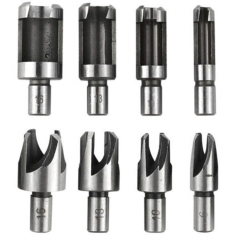 Fraise à Bouchonner Bois Acier Carbone 8 Pièces - Set de Mèches à Plug Coniques et Griffes pour Perceuse, Tailles 6 mm/10 mm/13 mm/16 mm