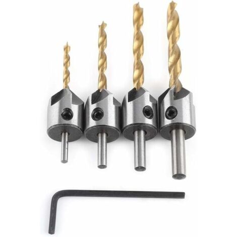 Fraise à Chanfrein, 5 Flûtes Foret Conique avec Clé Hex Outil Chanfreinage pour Bois(4pcs, 3/4/5/6mm)-LIAIKI