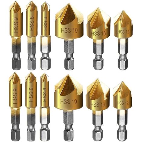 Fraise à chanfreiner metal 12 Pcs queue hexagonale poinçon de centrage automatique forets à chanfreiner, 6mm 8mm 9mm 12mm 16mm 19mm