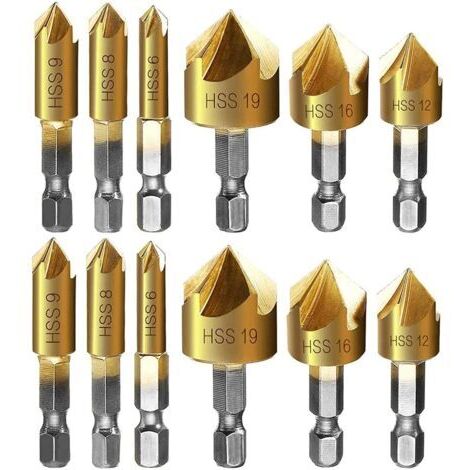 Fraise à chanfreiner metal 12 Pcs queue hexagonale poinçon de centrage automatique forets à chanfreiner, 6mm 8mm 9mm 12mm 16mm 19mm