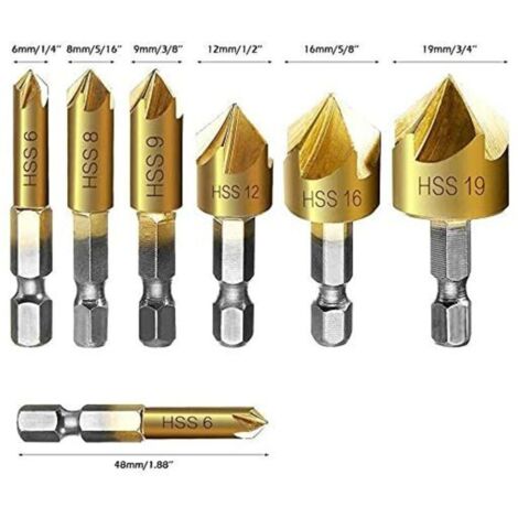 Fraise à chanfreiner metal 12 Pcs queue hexagonale poinon de centrage automatique forets à chanfreiner, 6mm 8mm 9mm 12mm 16mm 19mm