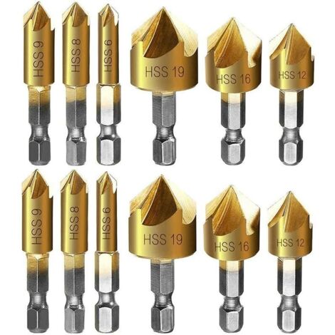 Fraise à chanfreiner metal 12 Pcs queue hexagonale poinon de centrage automatique forets à chanfreiner. 6mm 8mm 9mm 12mm 16mm 19mm