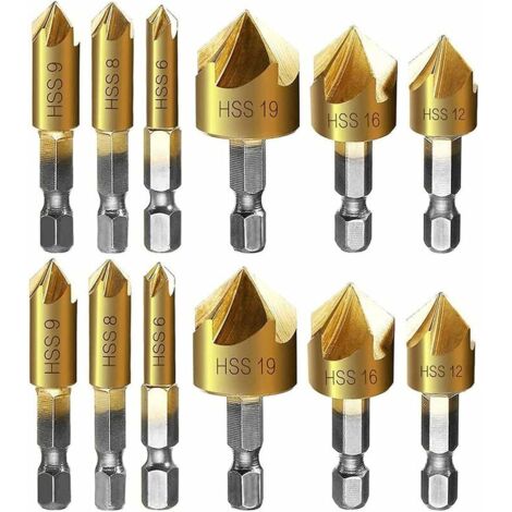 fraise à chanfreiner metal Fiyuer 12 Pcs queue hexagonale poinçon de centrage automatique forets à chanfreiner pour phanfreiner Évier à Fraise Conique 6mm 8mm 9mm 12mm 16mm 19mm