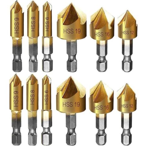 fraise à chanfreiner metal Fiyuer 12 Pcs queue hexagonale poinçon de centrage automatique forets à chanfreiner pour phanfreiner Évier à Fraise Conique 6mm 8mm 9mm 12mm 16mm 19mm