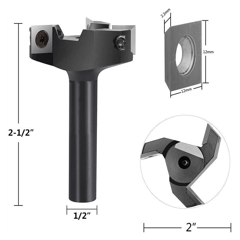 Fraise à Surfacer 12 mm Tige 60 mm Diamètre de Coupe avec 3 Inserts Fraise a Bois Defonceuse Fraise a Raboter Fraise Surfacage