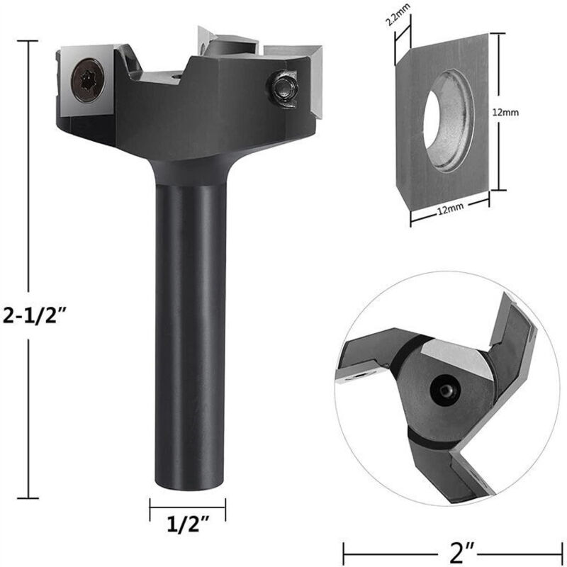 Fraise à Surfacer 12 mm Tige 60 mm Diamètre de Coupe avec 3 Inserts Fraise a Bois Defonceuse Fraise a Raboter Fraise Surfacage