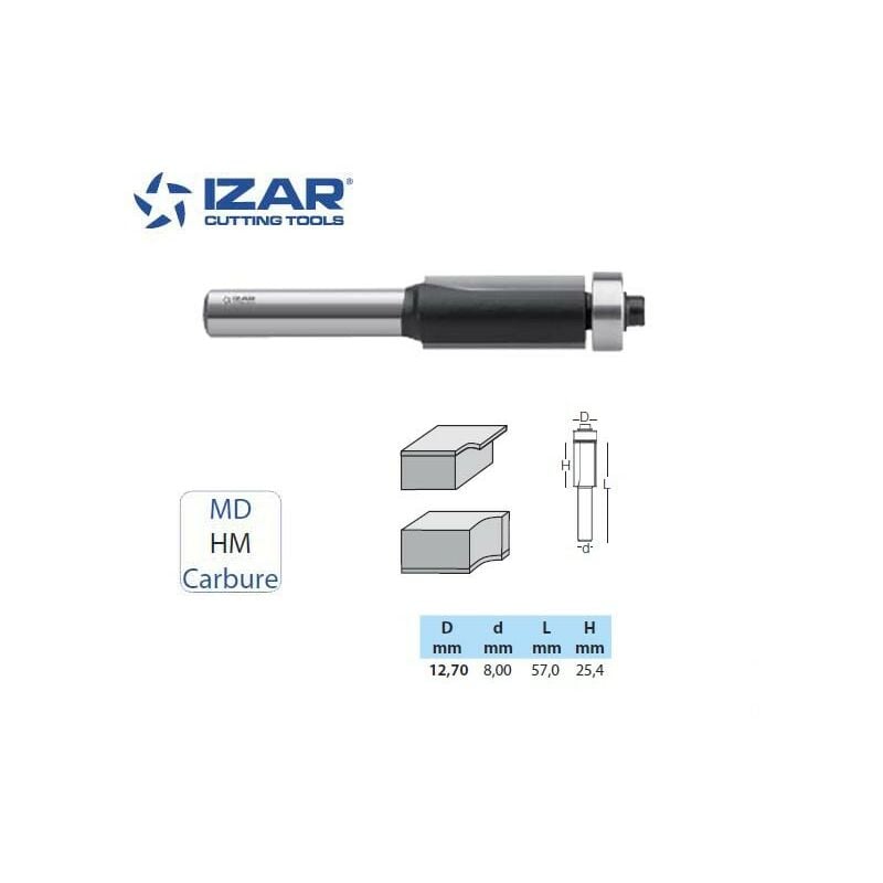 Izar - fraise affleureuse droite carbure 12.7mm avec roulement guide copieur