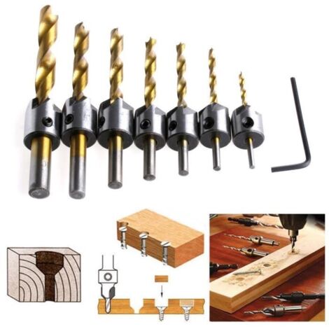 Fraise Bois Mèche à Bois Foret Conique HSS Acier à Haute Vitesse à Bois Aésoir Chanfreinage (7pcs, 3-10mm) Avec Clé Hexagonale