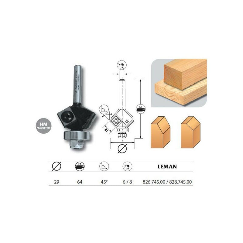 Leman - Mèche d'affleureuse 2 plaquettes Diam. 29 pente 45° q.8 + guide - 828.745.00