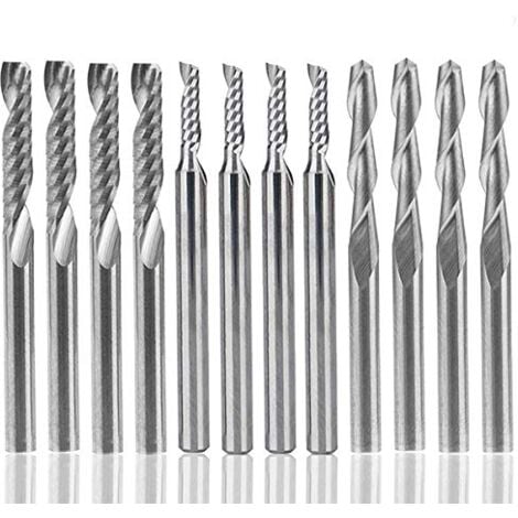 Fraise en carbure de tungstène 12 PCS,  4 PCS 1/8 "pour fraises CNC Outils à double cannelure + 8 fraises à 1 arête simple PCS (2 types) pour nylon, résine, ABS, acrylique, PVC, MDF, bois