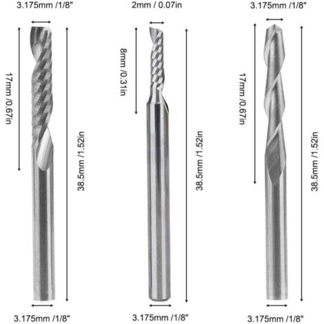 Fraise En Carbure De Tungstène 12 Pcs, 4 Pcs 1/8 "Pour Fraises Cnc Outils À Double Cannelure + 8 Fraises À 1 Arête Simple Pcs (2 Types) Pour Nylon, Résine, Abs, Acrylique, Pvc, Mdf, Bois