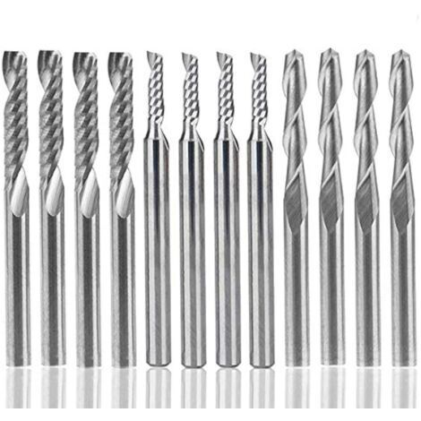 Fraise en carbure de tungstène 12 PCS, 4 PICS 1/8 "pour fraises CNC Outils à double cannelure + 8 fraises à 1 arête simple PCS (2 types) pour nylon, résine, ABS, acrylique, PVC, MDF, bois