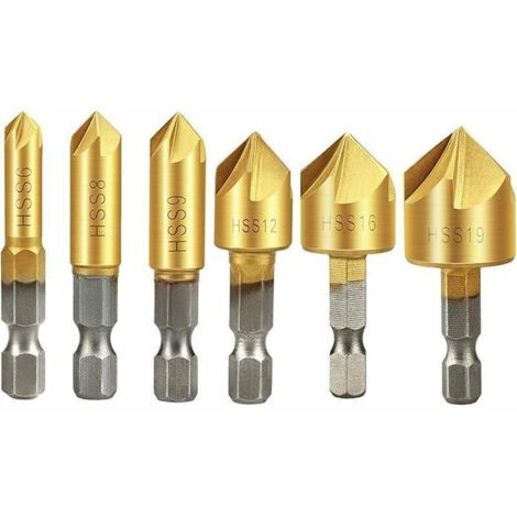 Fraises a Bois 6pcs, Fraise Conique 90° HSS, Fraise à Chanfreiner Carbure, 6mm, 8mm, 9mm, 12mm, 16mm, 19mm...
