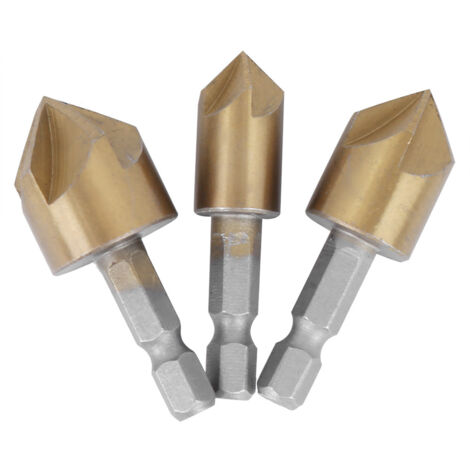 Fraises à Chanfreiner 90° - Lot de 3 - Acier Rapide Hexagonal Doré 5 Dents pour Bois 12-19mm