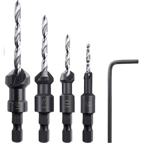 Fraises à chanfreiner en noyer, lot de 4 forets à chanfreiner hexagonaux coniques avec une petite clé, fraises à chanfreiner coniques pour bois ou panneaux en plastique