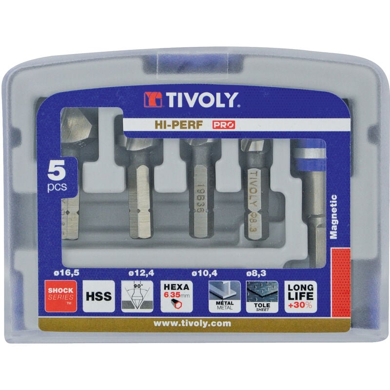 Coffret 5 pièces - 4 fraises à noyer hss queue hexa à 90° ø 8,3 à 16,5mm + 1 porte-embout - Tivoly