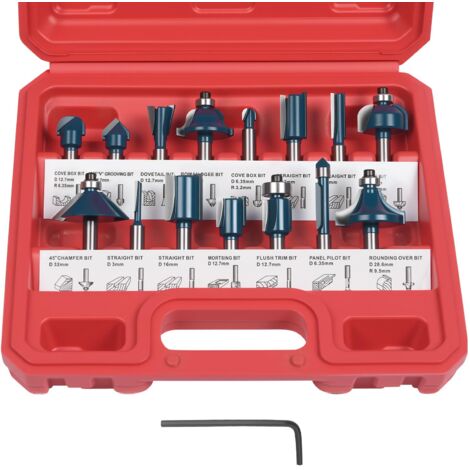 Fraises Defonceuse 6.35mm, Coffret de 15 Fraises Tige de 6.35mm 1/4", Coupe-outils pour Travail Bois à Pointe en Carbure de Tungstène, Tige Forets en Acier Forgé