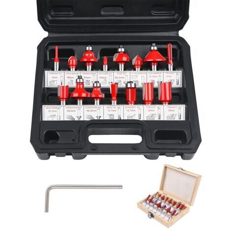 Fraises Defonceuse 6.35mm. Coffret de 15 Fraises Tige de 6.35mm 1/4", Coupe-outils pour Travail Bois à Pointe en Carbure de Tungstène, Tige Forets en Acier Forgé
