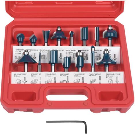 Fraises Defonceuse 6.35mm, Coffret de 15 Fraises Tige de 6.35mm 1/4", Coupe-outils pour Travail Bois à Pointe en Carbure de Tungstène, Tige Forets en Acier Forgé