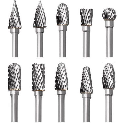 Fraises en Carbure de Tungstène pour Dremel, 10 Pièces Fraises Rotatives à Double Coupe avec Tige de 1/8" pour Sculpture sur bois, Gravure, Perçage, Polissage, Travail du métal