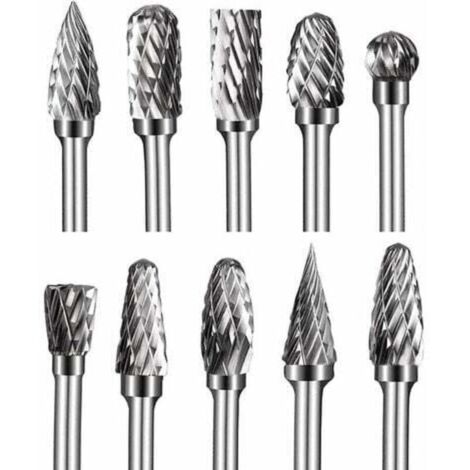 Fraises sur tige en Carbure de Tungstène à Double Coupe, 10 pièces Kit de fraises rotatives de 1/8” Tête d'affûtage de 6 mm