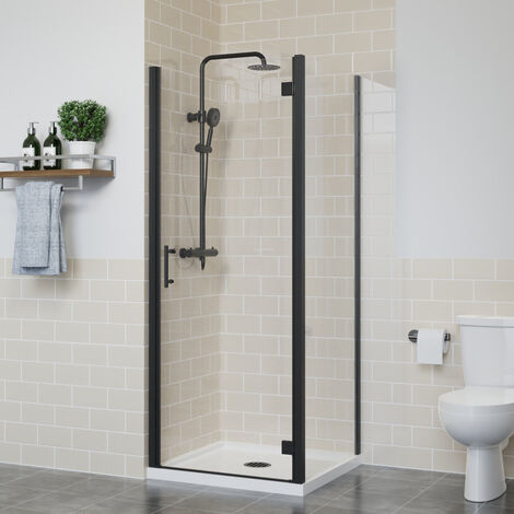 Frameless Hinged Shower Door Enclosure Glass Screen Walk In Cubicle with Side Panel Black 700x1000mm