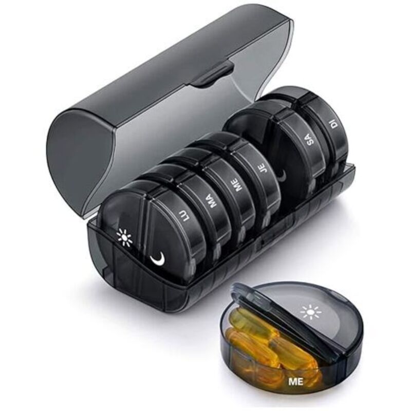 Francais - Noire)Pilulier Semainier Matin et Soir, Pilulier Rond 7 Jours 14 Compartiments Pillbox Multicolores Pilulier Hebdomadaire - Deux Fois Par