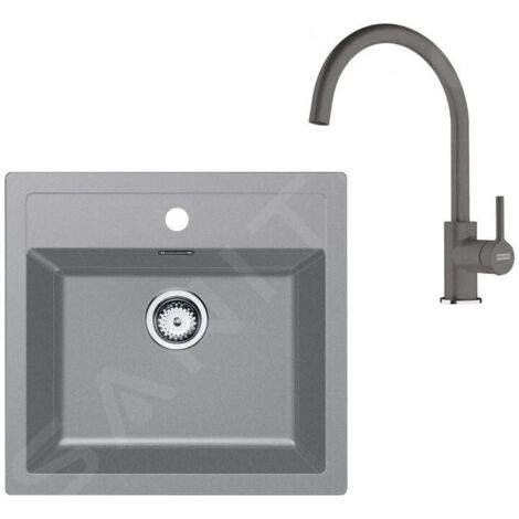 Franke Colonnes - Set de cuisine T122Š, évier en tectonite SID 610 + robinet FN 6018.901, gris / gris pierre 143.0687.391