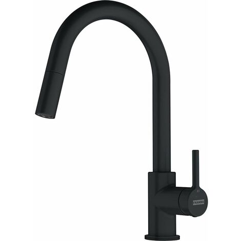 Franke – Mitigeur de cuisine noir mat à douchette monojet – Col de cygne – Hauteur 360 mm – Longueur bec 215 mm – Fragranit durable