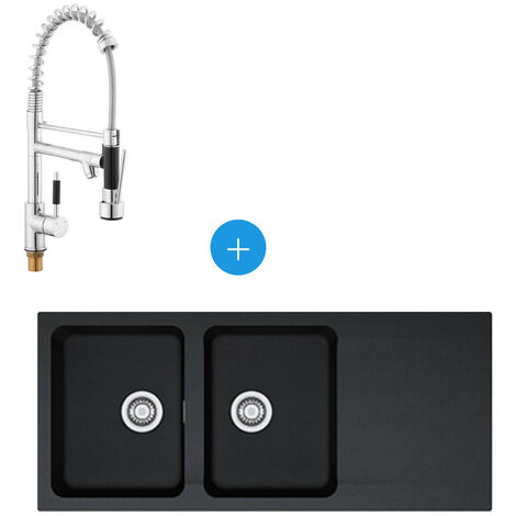 Franke Orion OID 621 Spülen-Kit aus Tectonite, Doppelbecken, Carbon + SAT Semi-Pro-Mischer, 2 Düsen