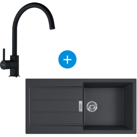 Franke Sirius Evier à encastrer 100×50cm 1 bac avec égouttoir, Tectonite, Onyx + Mitigeur col de cygne, Fragranit, Onyx