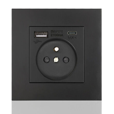 Französische Typ-C+USB16A Typ 86 Steckdosenleiste, Anzahl der Steckdosen: 2 Löcher, Anzahl der USB-Anschlüsse: 1, Anzahl der Typ-C-Anschlüsse: 1, sicher und fest (schwarzes Quadrat)