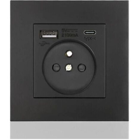Französisches Typ-C+USB16A Typ 86-Steckdosenfeld, Anzahl der Steckdosen: 2 Löcher, Anzahl der USB-Anschlüsse: 1, Anzahl der Typ-C-Anschlüsse: 1, sicher und fest (schwarzes Quadrat)