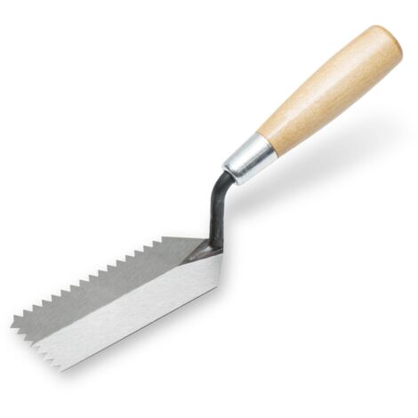 Frattazzo per bordi seghettati Marshalltown, intaglio a V con 6x4,5 mm e manico in legno, frattazzo stretto per posti stretti, dimensioni: 127x51 mm