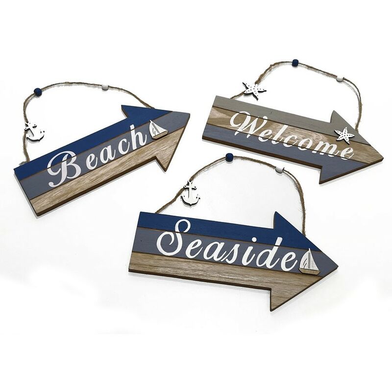 Image of Frecce segna percorso addobbi decorazioni per spiaggia mare con scritte beach welcome seaside in legno set da 3