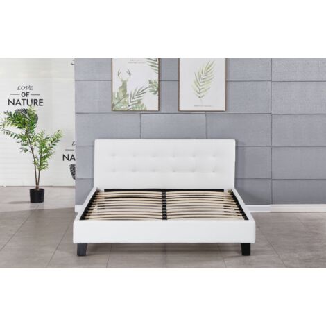 frederic - Solide et Confortable Lit avec Sommier + Tête de Lit Capitonnee Couleur BLANC + Pieds en 10 cm pour matelas en 140x190 - 2 x 13 Lattes - revetement PVC Simili facile d'entretien - Montage R
