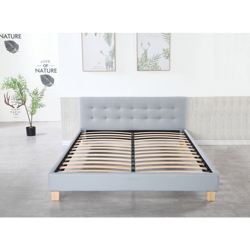 Frederic - Solide et Confortable Lit avec Sommier + Tête de Lit Capitonnee Couleur gris + Pieds en 10 cm pour matelas en 140x190 - 2 x 13 Lattes