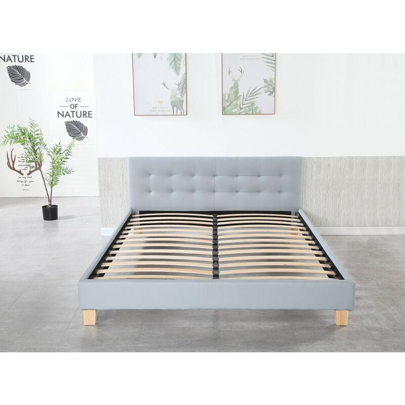Frederic - Solide et Confortable Lit avec Sommier + Tête de Lit Capitonnee Couleur gris + Pieds en 10 cm pour matelas en 120x190 - 2 x 13 Lattes