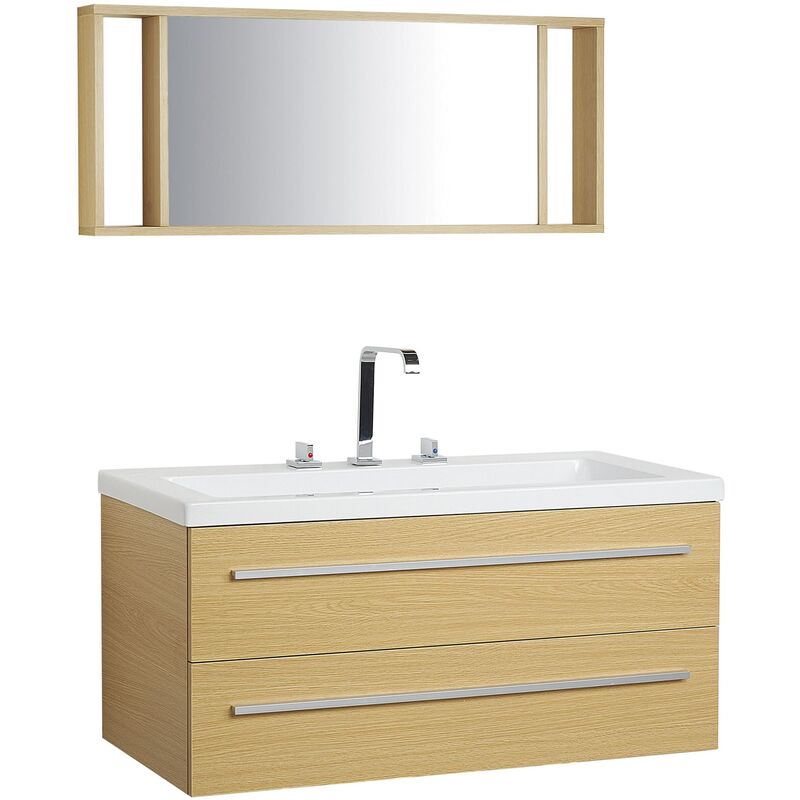 Beliani - Modern Floating Bathroom Vanity Light Wood Storage Drawers Mirror Almeria