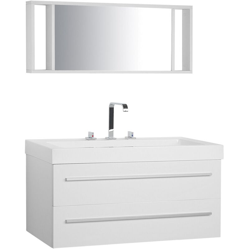 Beliani - Modern Floating Bathroom Vanity White Storage Drawers Mirror Basin Almeria