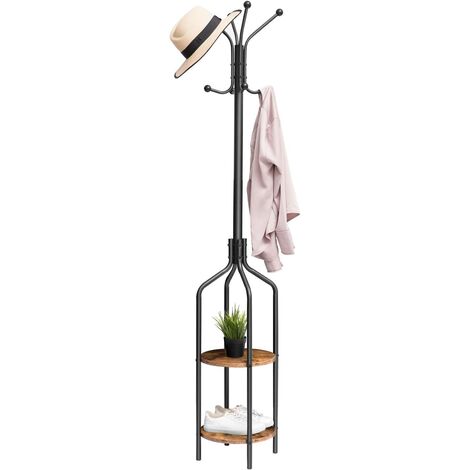 Free Standing Coat Rack, Industrial Coat Stand with 2 Shelves and 8 Hooks, Hall Tree for Clothes, Hats, Backpacks, Umbrellas, Foyer, Metal Frame, HOOBRO EBF81YM01