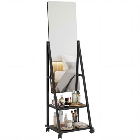 Free Standing Dressing Mirror, Rolling Full Length Mirror on Wheels with Adjustable Angle, Storage Shelves for Bedroom