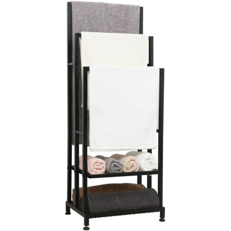 Free Standing Towel Rail with 2 Storage Shelves, 3-Tier Towel Rack Stand for Bathroom & Bedroom, Space-Saving Wall Mounted Towel Rack with Multi-Functional Hooks