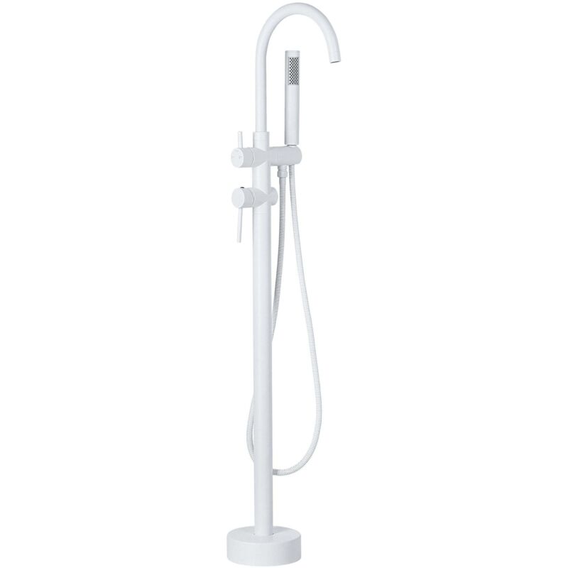 Beliani Bath Mixer Tap White Brass Stainless Steel Freestanding Bathtub Faucet With Hand Shower Modern Design Tugela