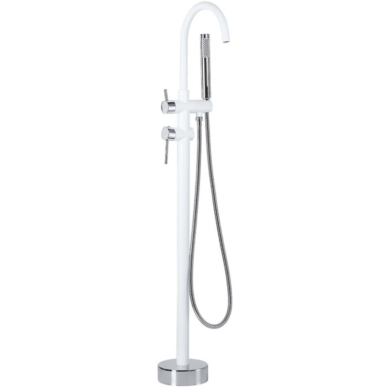 Beliani Bath Mixer Tap White With Silver Brass Stainless Steel Freestanding Bathtub Faucet With Hand Shower Modern Design Tugela