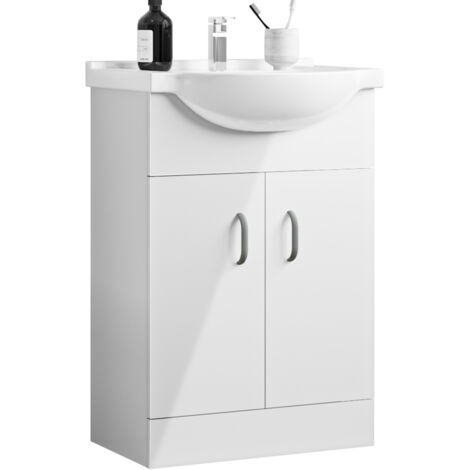 Freestanding Bathroom Vanity Unit with Basin Storage Cabinets Flat Pack - 650mm Gloss White