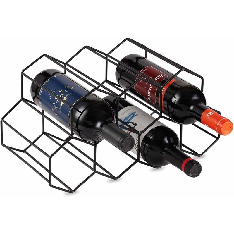 Freestanding Black Metal Wine Rack, Tabletop Wine Rack Holder, Countertop Wine Bottle Holder - Geometric Design for Wine Cellar Bar Cabinet (Black