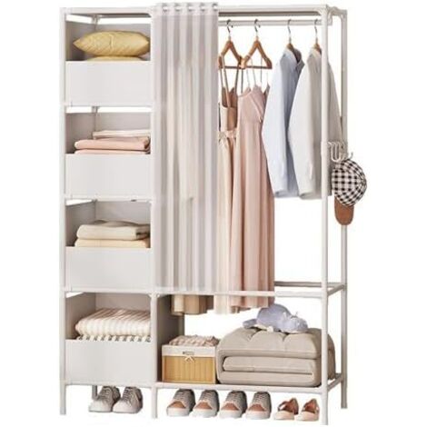 Freestanding clothes wardrobe with shelves and hanging rail, lightweight portable clothes closet, closet organizer with side hooks for small spaces, bedroom