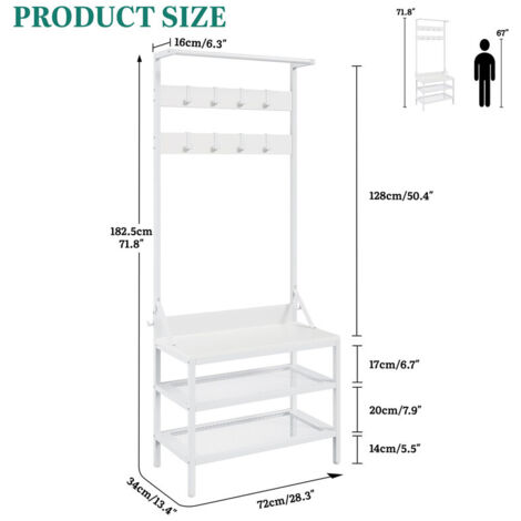 Freestanding Coat Rack Stand with Shoe Storage, Industrial Hallway Unit with 2 Storage Shelves & 9 Hooks, Metal Frame Organiser for Hallway, Living Room & Bedroom