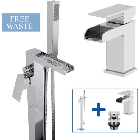 Freestanding Floor Mounted Waterfall Square Bath Shower Mixer & Basin Tap Set
